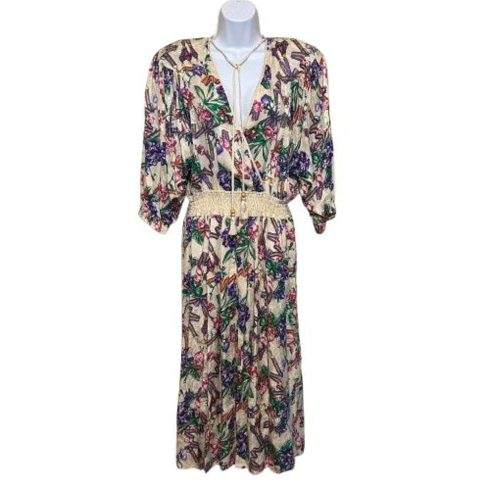 VTG 1980s Diane Fres 100% Silk Cream Floral Print Dress Size Medium/Large Artsy